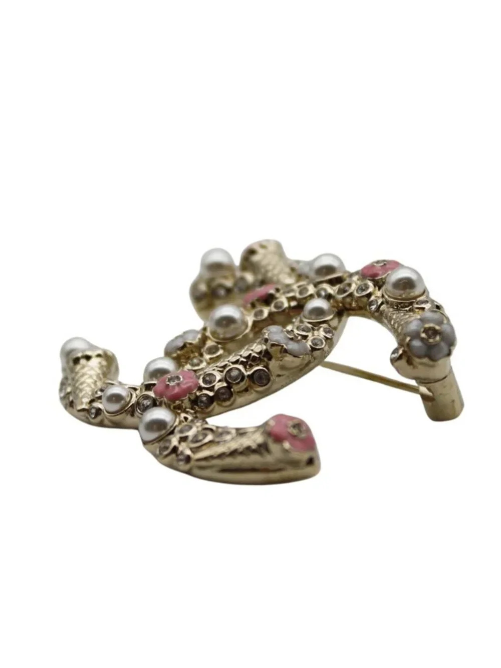 Chanel Brooch Metal Rhinestone CC Logo Gold Pink Pearl Flower